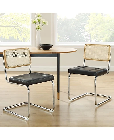 Homlux Set of 2 Rattan Dining Chairs Set Faux Leather Upholstered Mesh Back Cane Armless Chairs W/Chrome Metal Legs&Woven Backrest