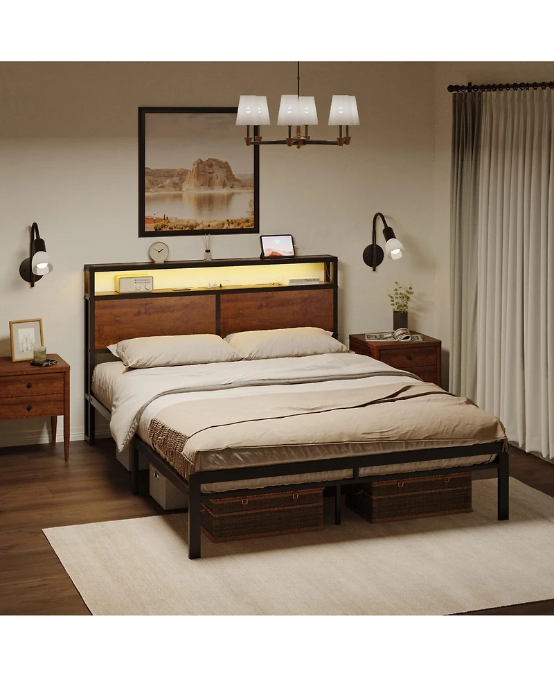 Hausource King/Twin Size Bed Frame with Storage Headboard & Charging Station No Box Spring Needed, King