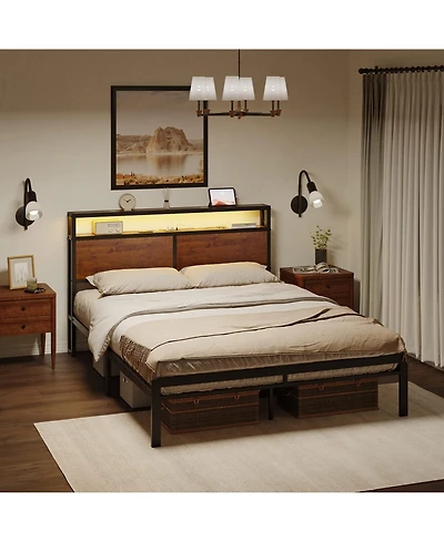Hausource King/Twin Size Bed Frame with Storage Headboard & Charging Station No Box Spring Needed, King