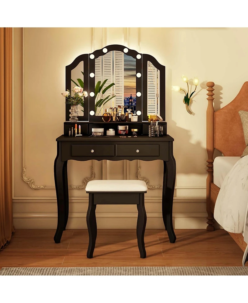 Makeup Vanity Set with Tri-Fold Mirror & Led Lights 4 Drawers Open Shelf