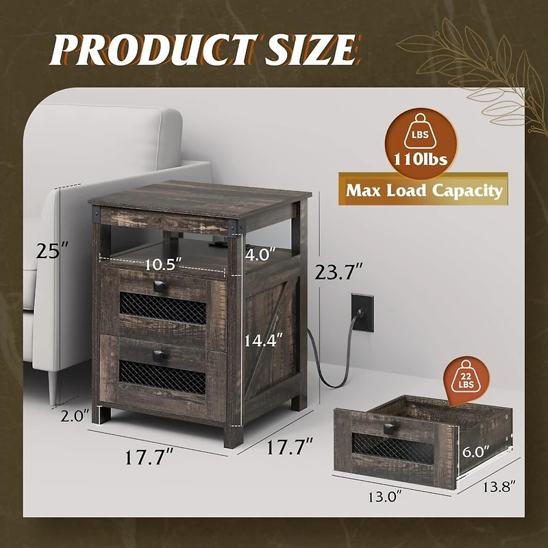 Wlive Farmhouse Nightstand, End Table with Charging Station, Bedroom Wooden Night Stand with 2 Storage Drawers, Side Table with Usb Ports and Outlets,