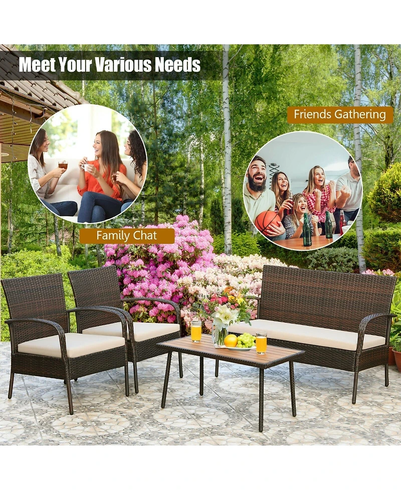 Sugift 4 Pieces Patio Cushioned Wicker Conversation Set with Acacia Wood Tabletop