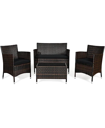 Sugift 4 Pieces Rattan Sofa Set with Glass Table and Comfortable Wicker for Outdoor Patio-Black