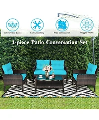 Sugift 4 Pieces Outdoor Rattan Wicker Loveseat Furniture Set with Cushions-Turquoise