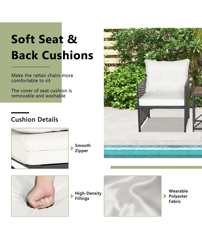 Sugift 3 Pieces Patio Rattan Furniture Set with Acacia Wood Tabletop-White