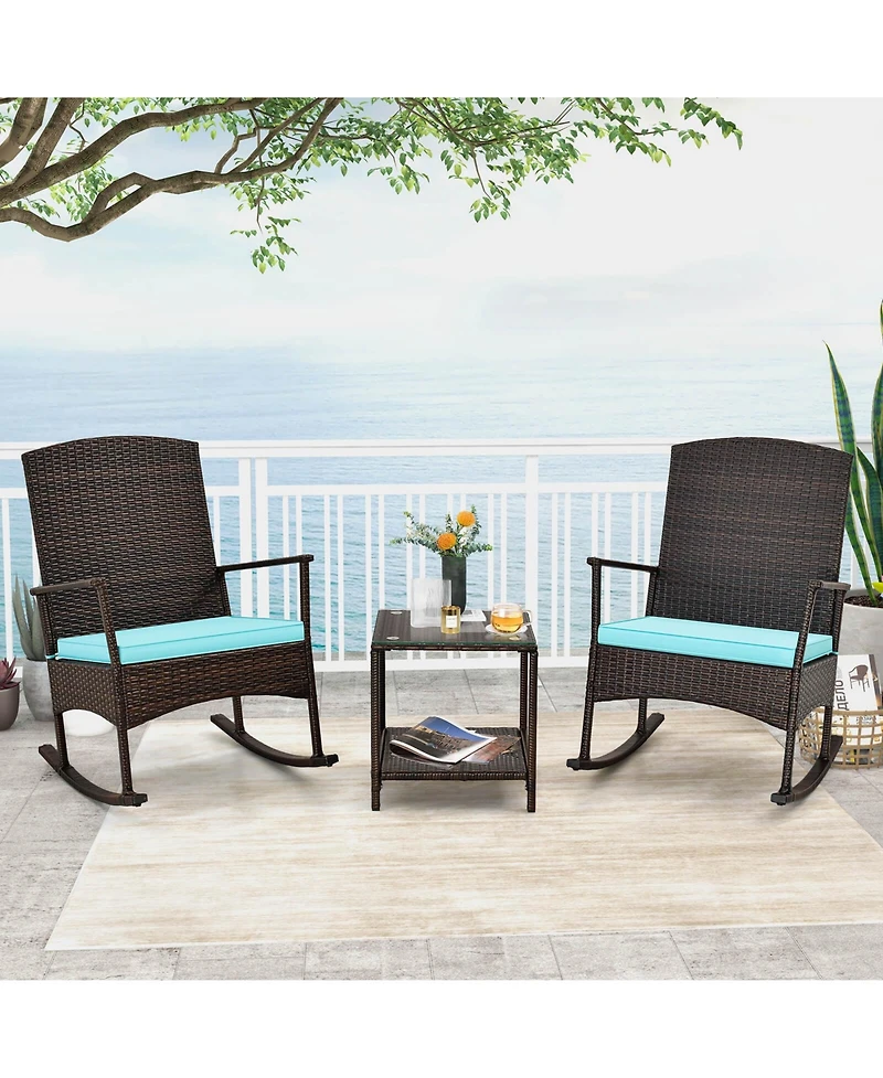 Sugift 3 Piece Patio Rocking Set Wicker Rocking Chairs with 2-Tier Coffee Table