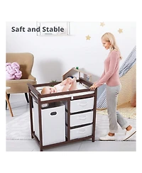 gaomon Wooden Baby Changing Table, Diaper Changing Table, Infant Diaper Changing Station Dresser With Laundry Hamper, 3 Drawer Basket And Changing Pad