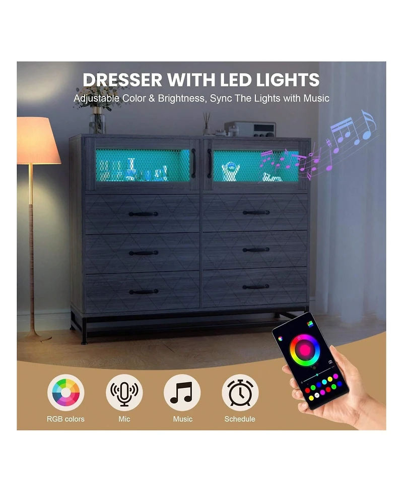 Dresser For Bedroom With Led Lights And Charging Station, 6 Drawer Double Dresser With 2 Shelves, Wide Modern Wooden Chest Of Drawers For Bedroom, Ent