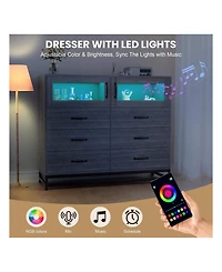 Dresser For Bedroom With Led Lights And Charging Station, 6 Drawer Double Dresser With 2 Shelves, Wide Modern Wooden Chest Of Drawers For Bedroom, Ent