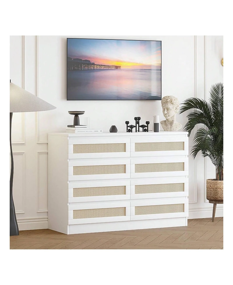 8 Drawer Double Dresser For Bedroom, Rattan Chest Of Dressers, Modern Wooden Dresser Chest