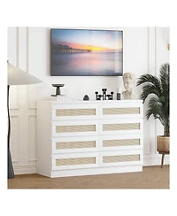 8 Drawer Double Dresser For Bedroom, Rattan Chest Of Dressers, Modern Wooden Dresser Chest