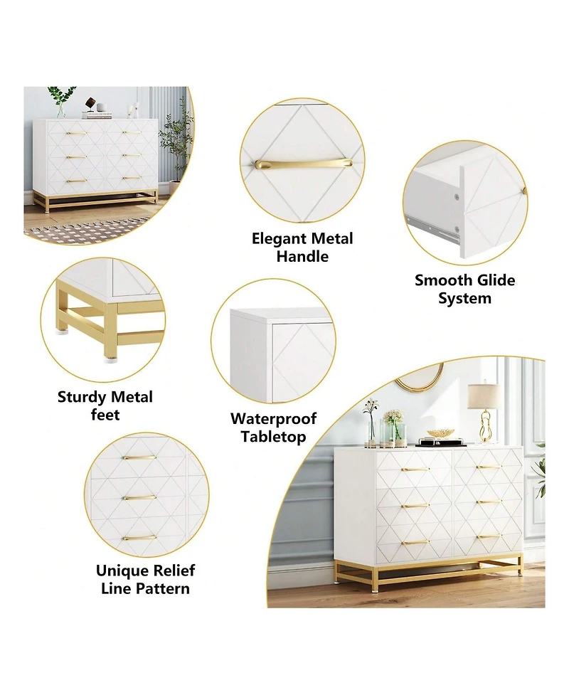 gaomon Dresser For Bedroom With 6 Drawer Double Dressers, Modern Wooden Dresser Chest, Beside Table For Closet, Nursery, Living Room
