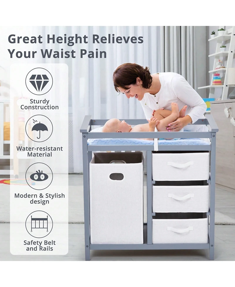 gaomon Wooden Baby Changing Table, Diaper Changing Table, Infant Diaper Changing Station Dresser With Laundry Hamper, 3 Drawer Basket And Changing Pad