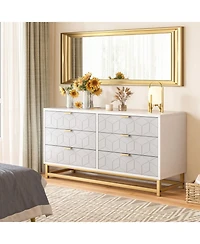 6 Drawer Dresser For Bedroom, Modern Dressers & Chests Of Drawers, Wood Dresser Chest Organizer With Metal Legs, Large Drawers For Bedroom, Hallway, W