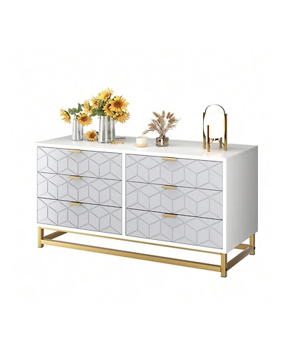 6 Drawer Dresser For Bedroom, Modern Dressers & Chests Of Drawers, Wood Dresser Chest Organizer With Metal Legs, Large Drawers For Bedroom, Hallway, W