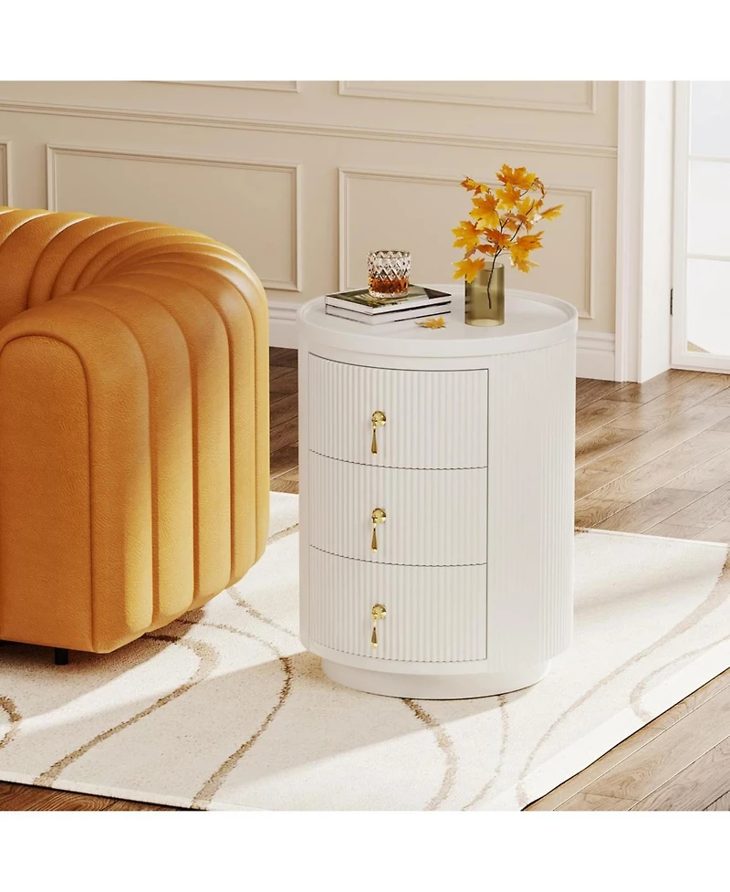 Tribesigns 3 Drawers White Nightstand Set of 2, No Assembly Bedside Table Night Stand for Bedroom, Modern Round End Side Table with Storage and Gold H