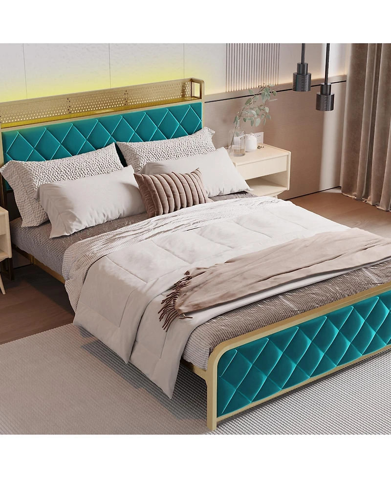 gaomon King Bed Frame,Velvet Upholstered Platform Frame with Diamond Tufted Headboard, No Box Spring Needed