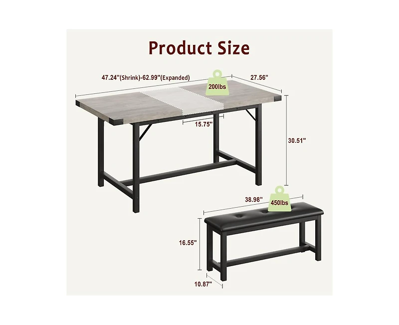 gaomon Dining Table Set for 4-6, 63" Dining Table Set, Extendable Kitchen Table with 2 Upholstered Benches, Strong Metal Frame Dinner Room Extendable