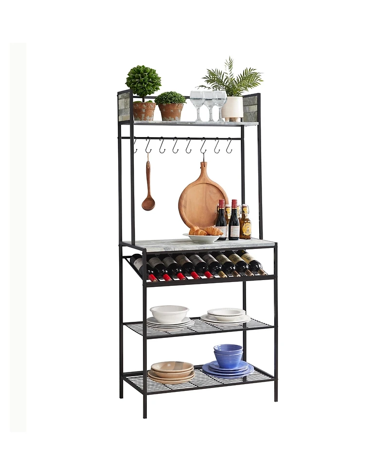 Kings Brand Furniture - Baker s Rack for Kitchen with Storage Shelves & Hooks, Microwave Stand Coffee Bar Station Wine Holder