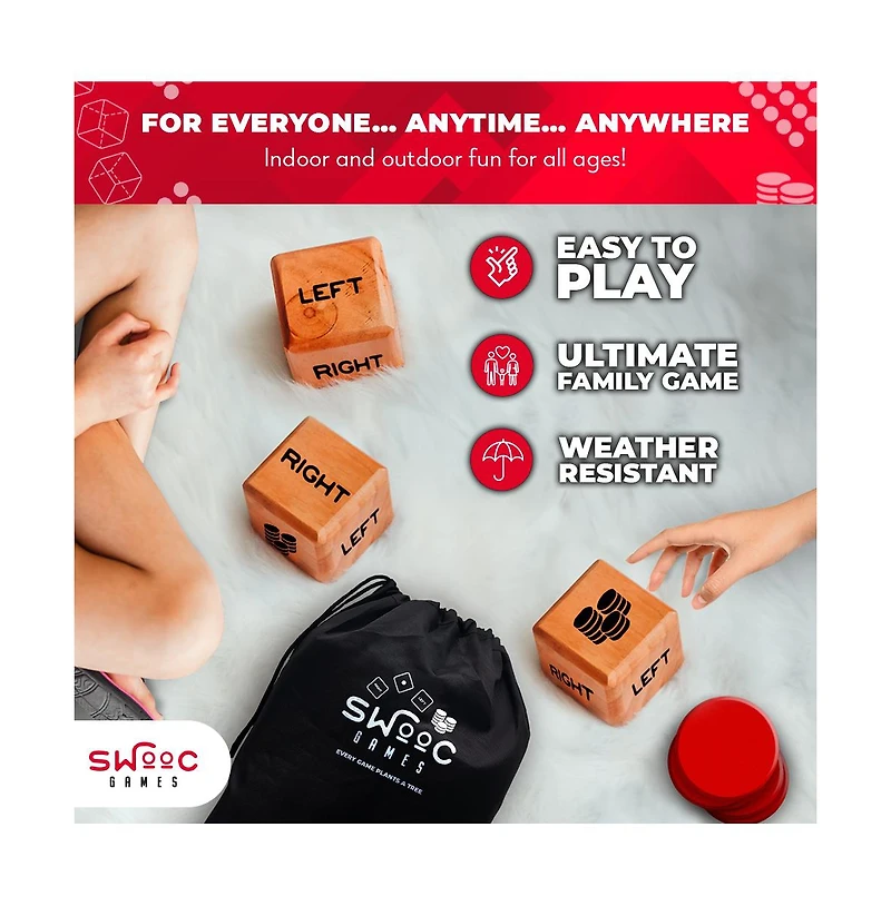 Giant Right Center Left Dice Game (All Weather) w/ 24 Large Chips & Carry Bag - Jumbo Wooden Lawn Game - Backyard Games