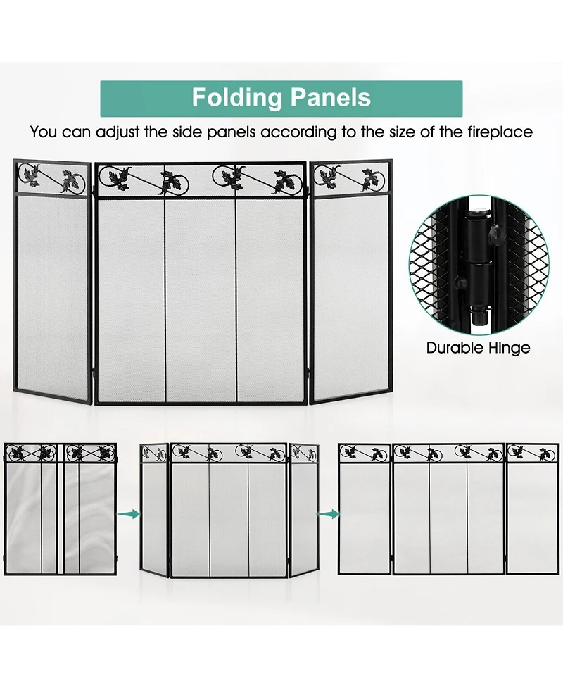 Sugift 3-Panel Fireplace Screen Decor Cover with Exquisite Pattern