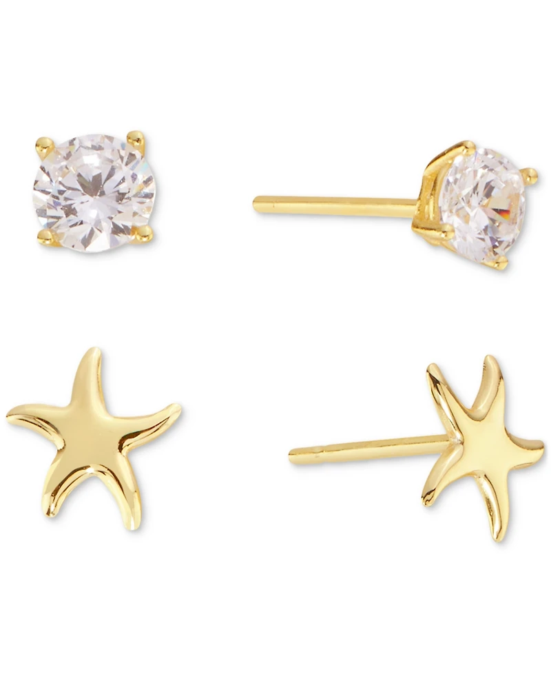 Macy's 2-Pc. Set Starfish & Crystal Stud Earrings in 14k Gold Over Sterling Silver