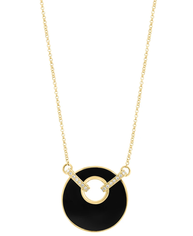 Effy Onyx (19mm) & Diamond (1/20 ct. t.w.) Pendant Necklace in 14k Yellow Gold, 16" + 2" extender
