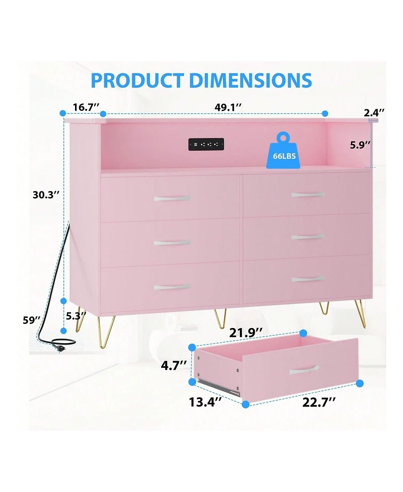Dresser For Bedroom With Led Light & Charging Station, 6 Wooden Drawers Dressers With 2-Tier Open Shelves, Modern Chest Of Double Wide Drawers For Liv