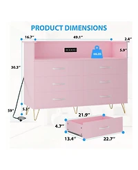 Dresser For Bedroom With Led Light & Charging Station, 6 Wooden Drawers Dressers With 2-Tier Open Shelves, Modern Chest Of Double Wide Drawers For Liv