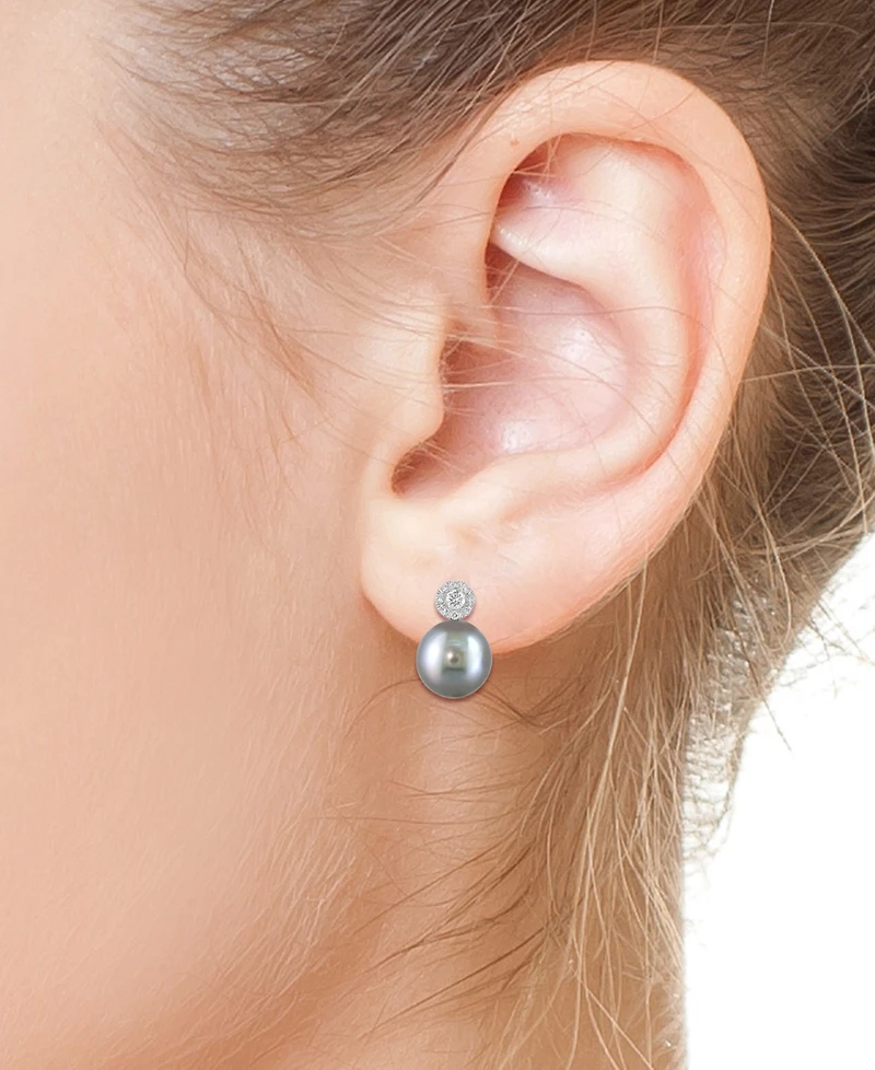 Effy Cultured Black Tahitian Pearl (9mm) & Diamond (1/4 ct. t.w.) Stud Earrings in 14k White Gold