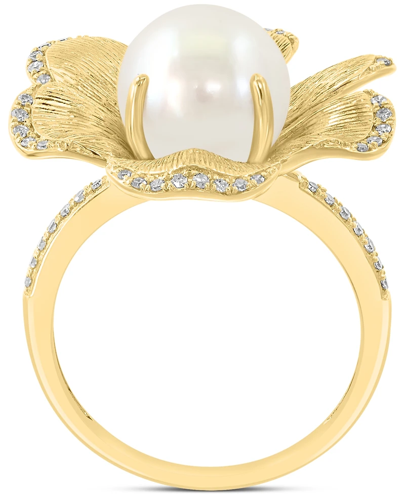 Effy Cultured Freshwater Pearl (9-1/2mm) & Diamond (1/6 ct. t.w.) Flower Statement Ring in 14k Yellow Gold