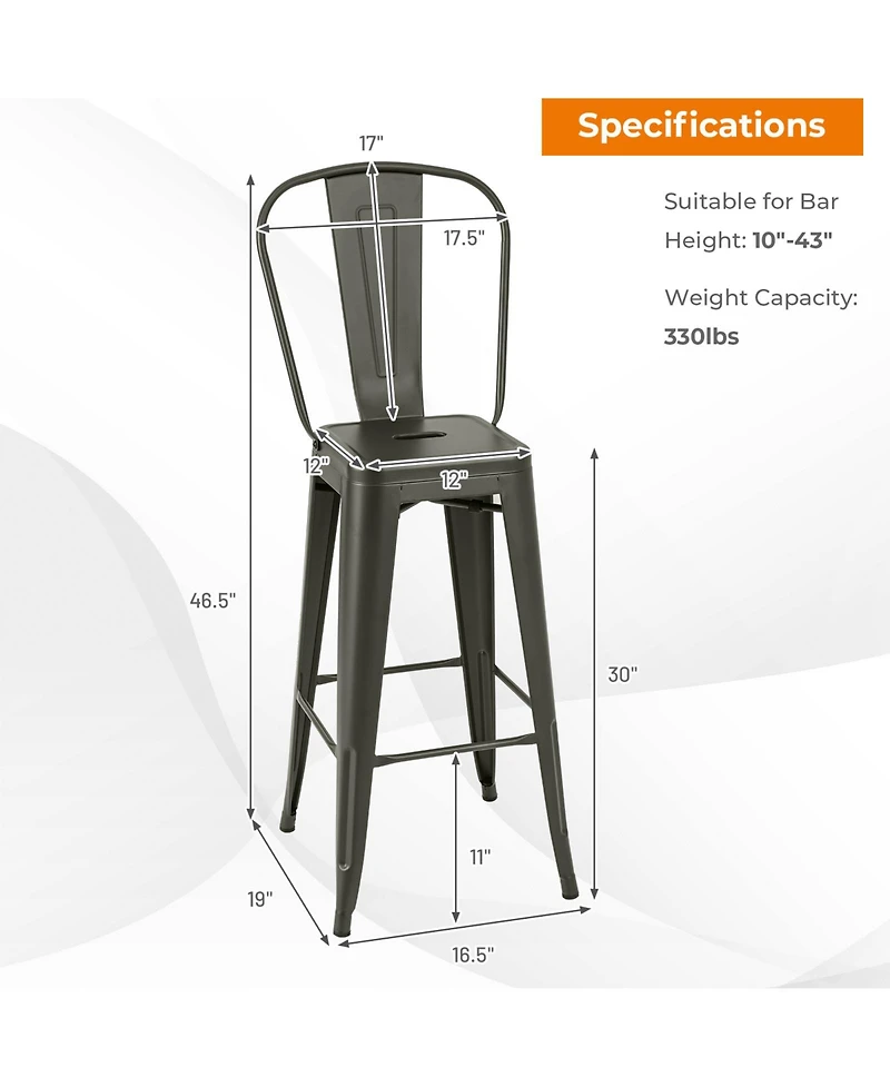 Sugift 30 Inch Height Set of 4 High Back Metal Industrial Bar Stools