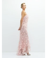 Sheer Halter Neck 3D Floral Embroidered Dress with High-Low Hem