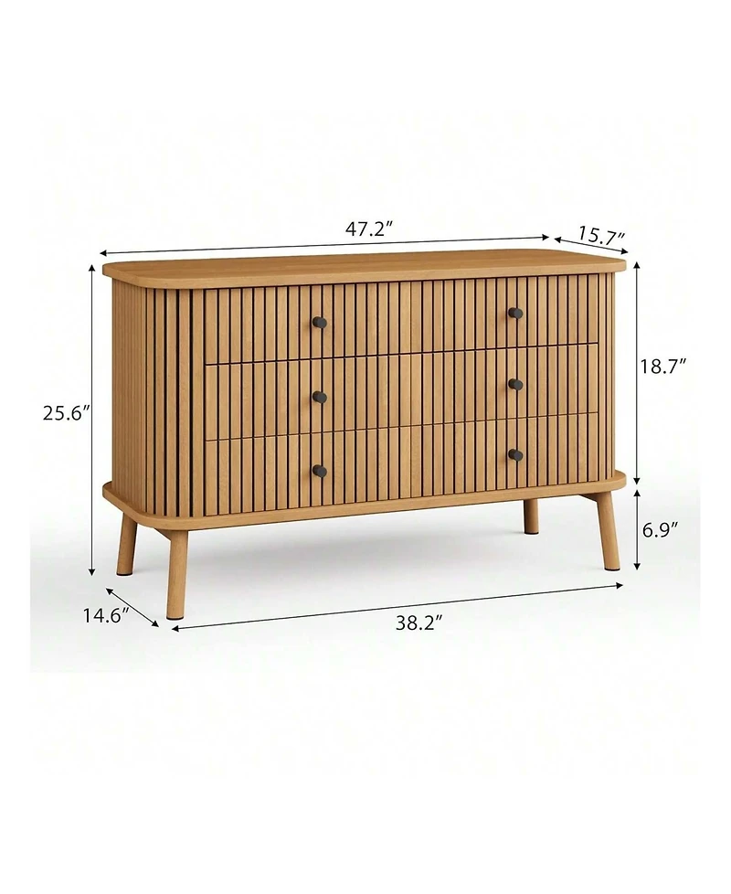 6 Drawer Dresser, Horizontal Chests Of Double Drawers For Bedroom, Mid Century Dresser With Black Handles And Wooden Legs