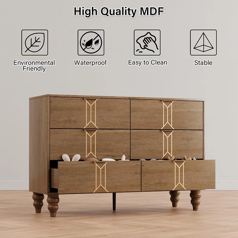 gaomon 6 Drawer Dresser With Deep Drawers For Bedroom, Modern Wooden Chest Dresser With Deep Drawers With Vintage Pattern Design