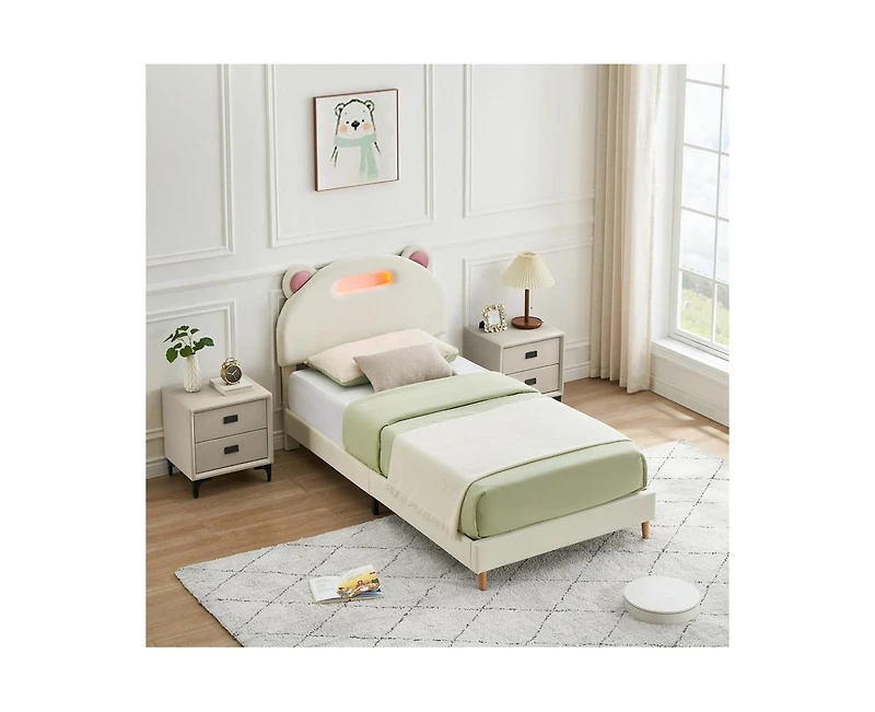gaomon Led Twin Bed Frame with Beige Upholstered Adjustable Headboard, Velvet Platform, Wooden Slat Support, Noise-Free, No Box Spring Needed, Easy As