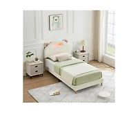 gaomon Led Twin Bed Frame with Beige Upholstered Adjustable Headboard, Velvet Platform, Wooden Slat Support, Noise-Free, No Box Spring Needed, Easy As