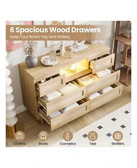 gaomon Natural Rattan Dresser For Bedroom With Led Light And Charging Station, 6 Drawer Double Dressers, Modern Wooden Dresser Chest, Beside Table For