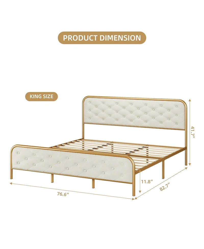gaomon Upholstered King Size Bed Frame, Velvet Upholstery Platform Bed with Button Tufted Curved Headboard, Sturdy Wooden Slats