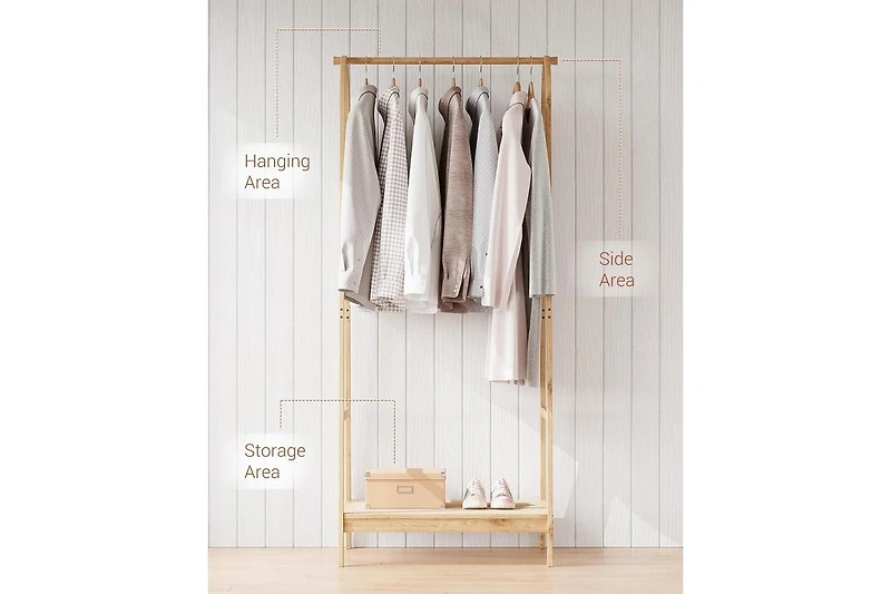 gaomon Bamboo Freestanding Clothes Rack with Storage Shelf and Hanging Rod, Portable and Space-Saving Garment Organizer for Entryway, Bedroom, Living