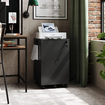 Galaxhero 3-Drawer Rolling File Cabinet with Lock, Small Wood Office Filing Cabinet for Home Office, Fits Letter/Legal/A4 Size Folders, Under Desk, Bl