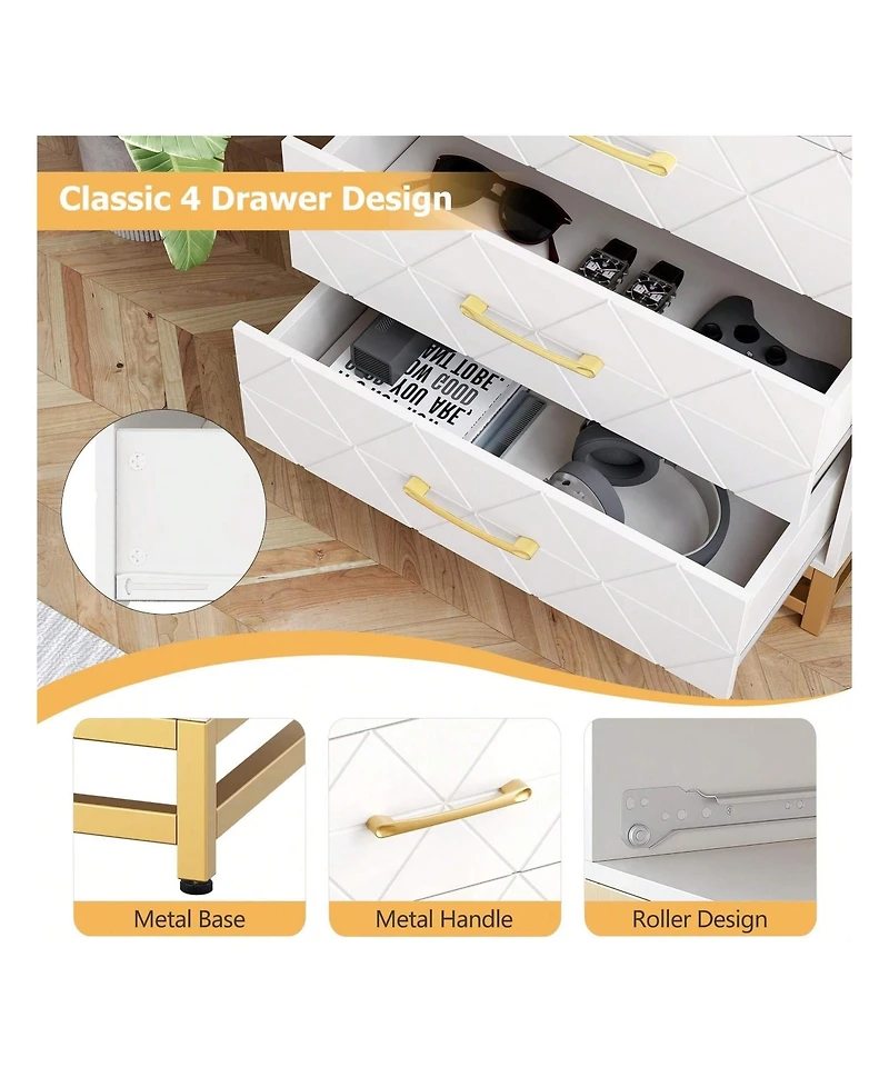 Dresser For Bedroom With 4 Drawers And Metal Handle,Chest Of Drawers, Sturdy Frame Modern Bedroom Furniture, Wood Dressers With Drawers