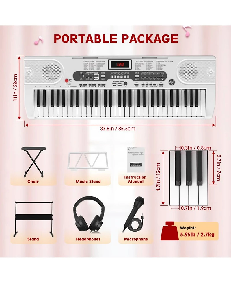 Sugift White 61 Keys Keyboard Piano, Electric Digital Piano Set with Stand, Bench, Headphones, Built-in Speakers