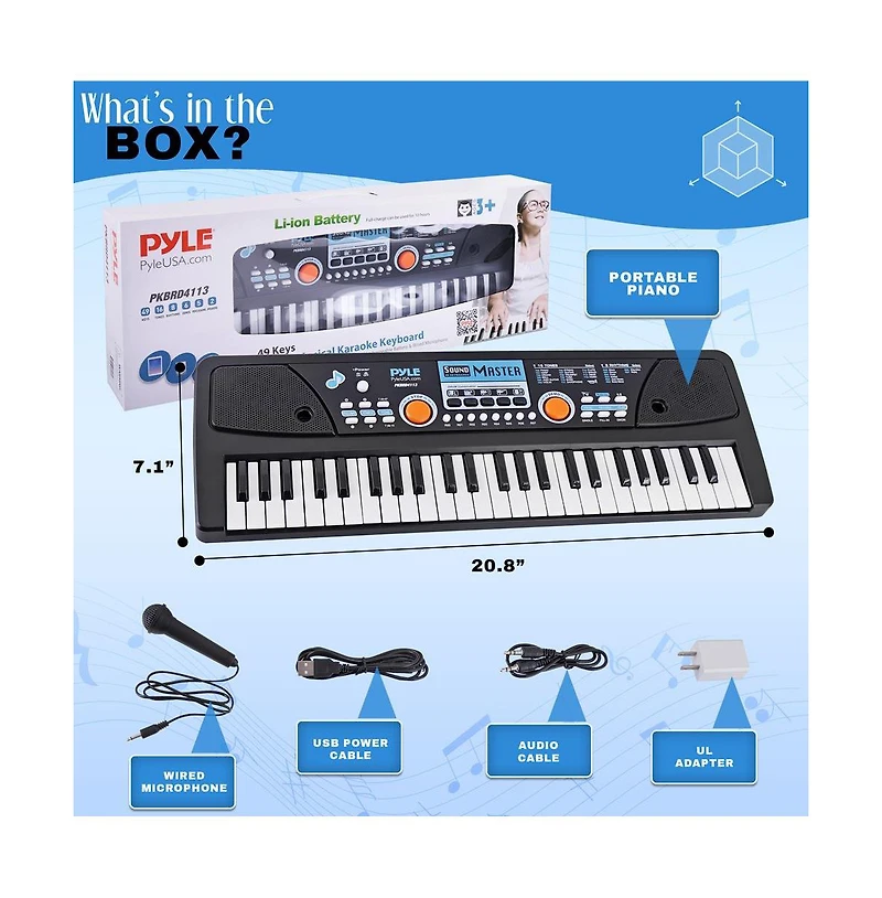 Pyle 49-Key Digital Karaoke Keyboard - Portable Electronic Piano with Rechargeable Battery & Microphone (PKBRD4113