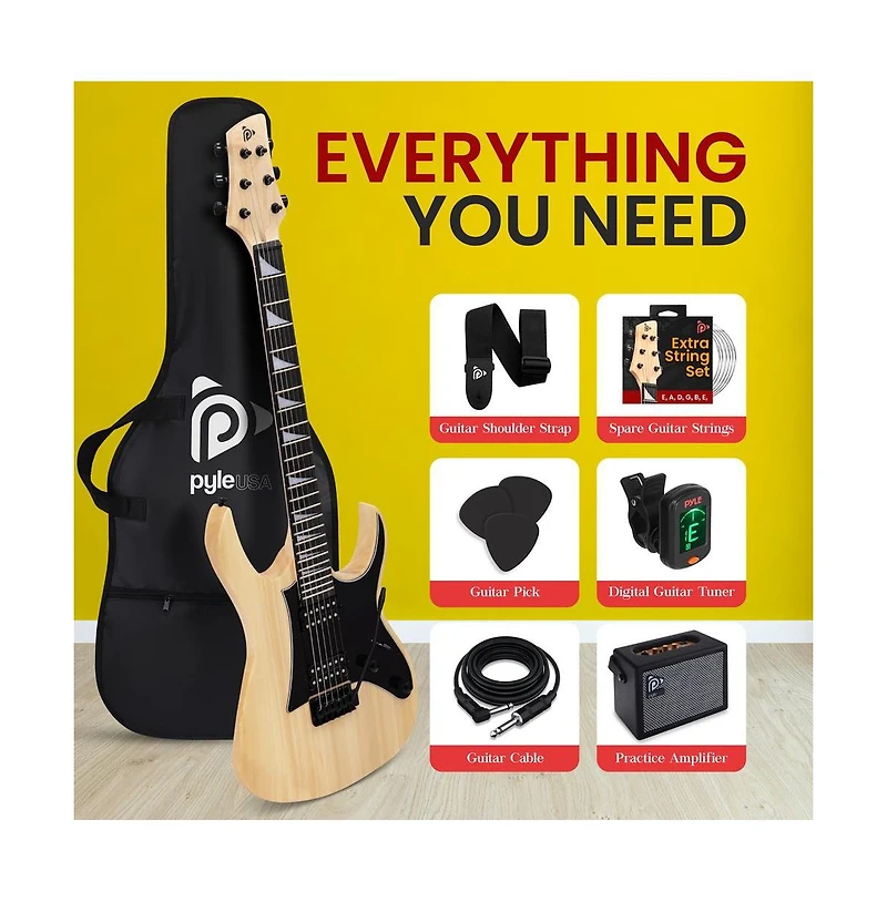 Pyle 38.7" Full Size Electric Guitar Kit - Includes Amplifier, Travel Bag, and Accessories, Natural Finish (PEGKT781N)