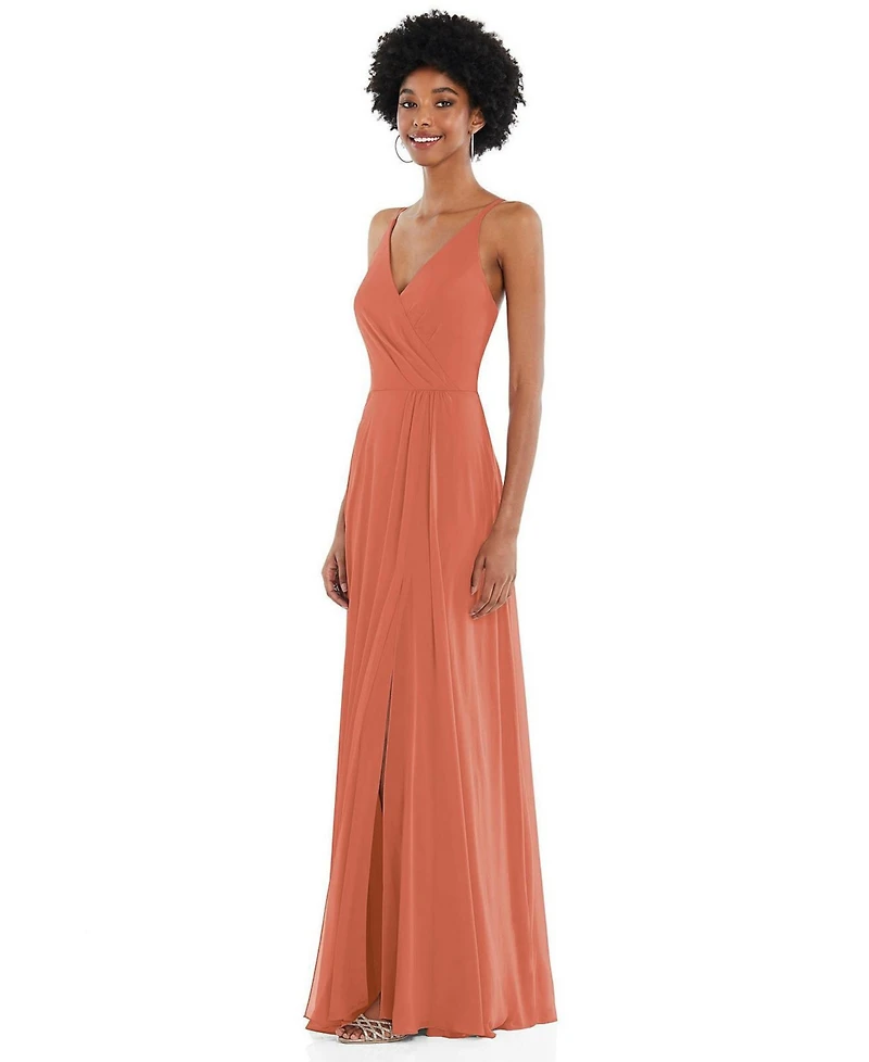 Women's Faux Wrap Crises Cross Back Maxi Dress with Adjustable Straps