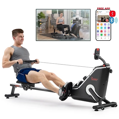 Sunny Health & Fitness Smart Compact Indoor Magnetic Rowing Machine – Home Use Rower w Stainless Steel Rail Support up to 300 Lb