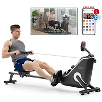 Sunny Health & Fitness Smart Compact Indoor Magnetic Rowing Machine – Home Use Rower w Stainless Steel Rail Support up to 300 Lb