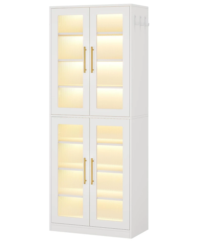 Tribesigns Bookcase with Doors and Led Light, 67-inch Tall Bookshelf 8-Tier Adjustable Shelves Hanging Hooks, Freestanding Storage Cabinet
