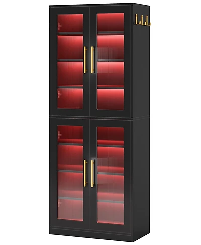 Tribesigns Bookcase with Doors and Led Light, 67-inch Tall Bookshelf 8-Tier Adjustable Shelves Hanging Hooks, Freestanding Storage Cabinet fo
